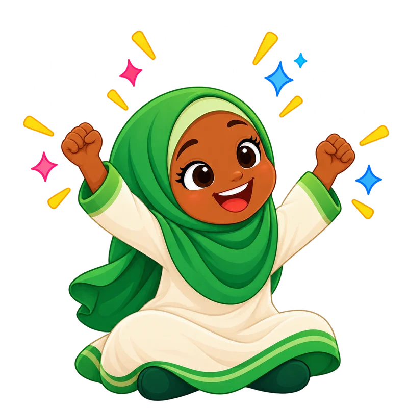 Une fille en hijab vert lève les bras de joie, entourée d’étoiles