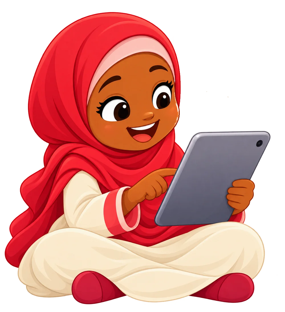 Une fille en hijab rouge regarde un conseil en vidéo sur sa tablette, une ampoule s’allume au-dessus d’elle